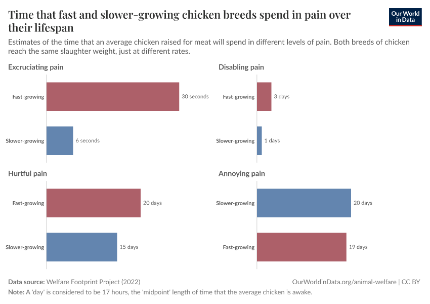 A thumbnail of the "Time that fast and slower-growing chicken breeds spend in pain over their lifespan" chart